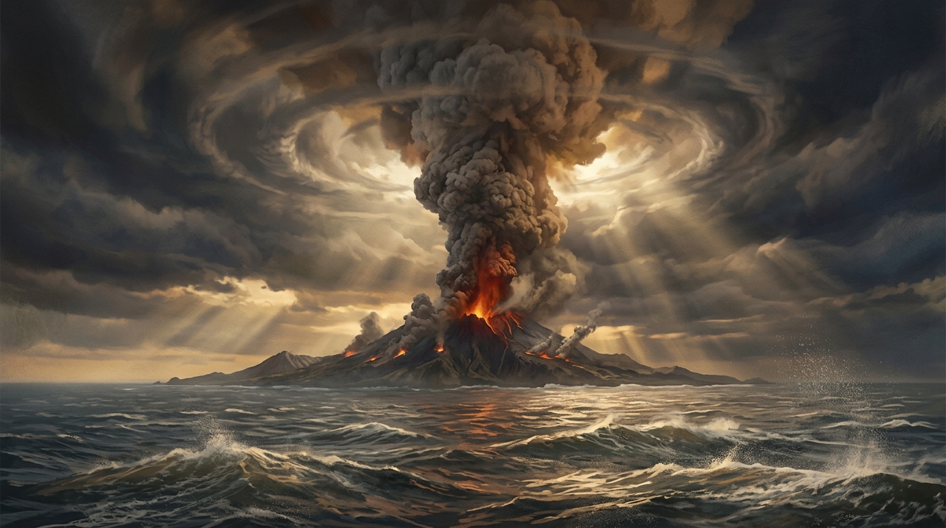 Künstlerische Darstellung der gewaltigen Eruption des Vulkans Krakatau im Jahr 1883