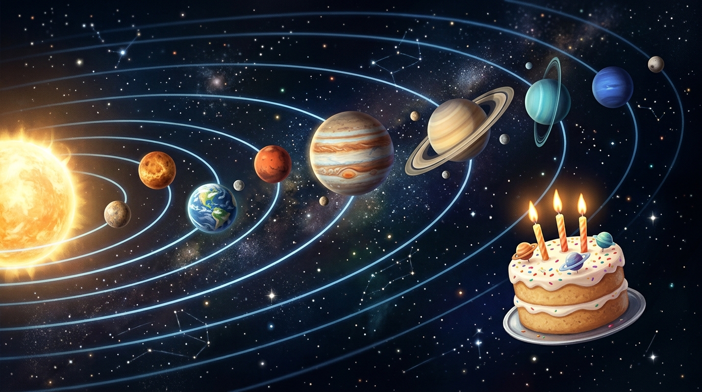 Bunte Planeten des Sonnensystems auf ihren Umlaufbahnen um die Sonne, im Vordergrund eine Geburtstagstorte mit Kerzen vor dem Sternenhimmel